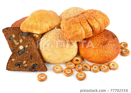 grain bread and baked goods isolated on white background grain bread and baked goods isolated on white background 77702558