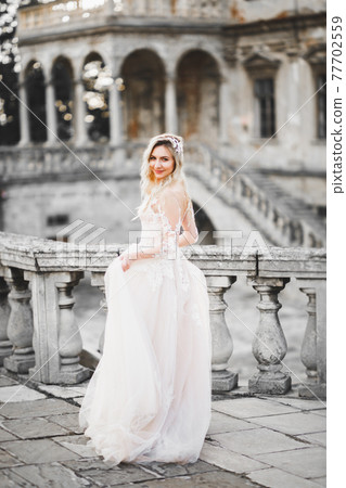 Beautiful brunette bride in elegant white dress holding bouquet posing near castle Beautiful brunette bride in elegant white dress holding bouquet posing near castle 77702559