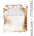 An old notebook sheet of paper in a check. A written poem about love, a declaration of love, a piece of paper burned by fire with burnt spots. Format jpg 77702681