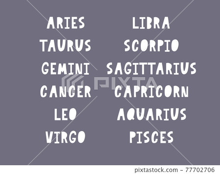 Zodiac lettering Vector Sign. Cartoon astrology text illustration. Horoscope handwritten icon set. 77702706