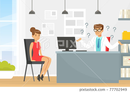 Doctor Consulting Patient with Unknown Diagnosis, Confused Doctor Shrugging Shoulders Vector Illustration Doctor Consulting Patient with Unknown Diagnosis, Confused Doctor Shrugging Shoulders Vector Illustration 77702949