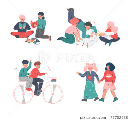 Kids Hobbies Set, Cute Boys and Girls Drawing, Painting, Reading Books, Riding Bikes Cartoon Vector Illustration 77702988