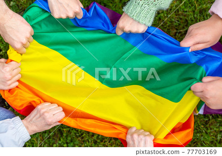 Group of people holding rainbow pride flag in a hands, gay and lesbian concept, LGBTQ 77703169