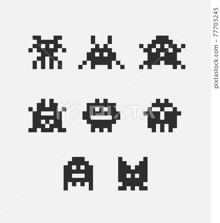 8 bit pixel black arcade game alien invader. Superhero pixel space monster geek game 8 bit pixel black arcade game alien invader. Superhero pixel space monster geek game 77703245