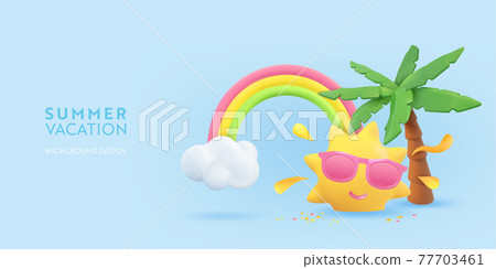 Realistic Summer 3d flyer design. Render scene tropical palm tree, sun, rainbow, cloud. Tropic beach objects, Holiday web poster, banner, seasonal brochure, cover. Summertime modern background 77703461
