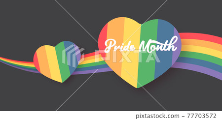 Happy pride month horizontal banner with heart and pride color flag isolated on grey background. Pride month or pride day poster, flyer, invitation party card deign template. 77703572