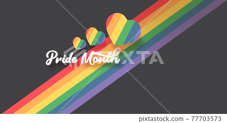 Happy pride month horizontal banner with heart and pride color flag isolated on grey background. Pride month or pride day poster, flyer, invitation party card deign template. 77703573