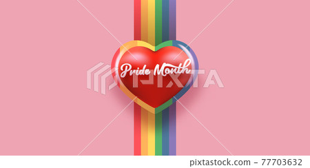 Happy pride month horizontal banner with heart and pride color flag isolated on pink background. Pride month or pride day poster, flyer, invitation party card deign template. Happy pride month horizontal banner with heart and pride color flag isolated on pink background. Pride month or pride day poster, flyer, invitation party card deign template. 77703632