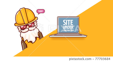 Site under construction orange web landing page design concept with funny worker and laptop. 77703684