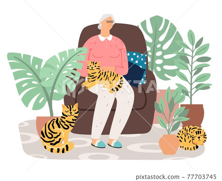 Woman hold cat on knees 77703745