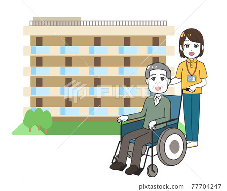 輪椅、老人、老人院、女性看護者 輪椅、老人、老人院、女性看護者 77704247