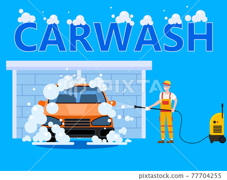 Car Wash center station. Auto Service man worker with equipment washing, clean car, foam bubbles. Vector illustration isolated 77704255