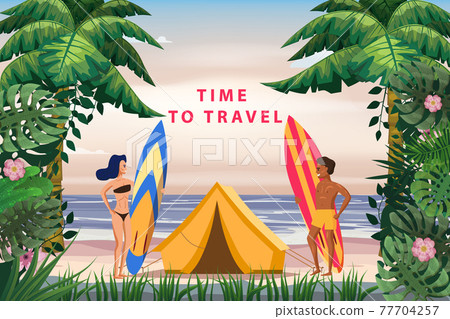 Surfers with boards and a beach tent are relaxing on the coast. Surfing man and woman travel to exotic resorts, palm trees, island, tropical. Vector, illustration, cartoon style, poster, banner Surfers with boards and a beach tent are relaxing on the coast. Surfing man and woman travel to exotic resorts, palm trees, island, tropical. Vector, illustration, cartoon style, poster, banner 77704257