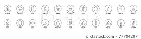 Allergen line icon set. Soybean nut celery, corn, milk, honey spicy, sugar alcohol, gluten mustard, gmo sesame, lactose fish, egg mollusk free. Allergy warning ingredients. Vector illustration 77704297