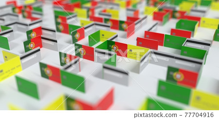 Fictional credit card maze with flag of Portugal. Financial difficulties related 3D rendering Fictional credit card maze with flag of Portugal. Financial difficulties related 3D rendering 77704916