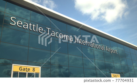 Commercial plane landing reflecting in the windows with Seattle-Tacoma International Airport text. 3d rendering Commercial plane landing reflecting in the windows with Seattle-Tacoma International Airport text. 3d rendering 77704931