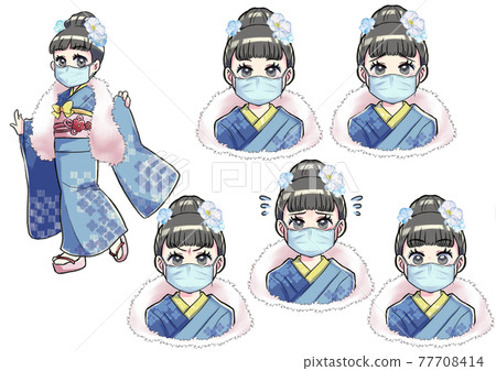 戴面具的藍色長袖女人的面部表情套裝 77708414