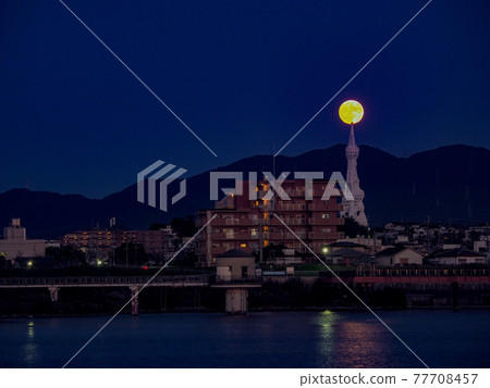 PL tower and full moon from Sayama Pond 77708457
