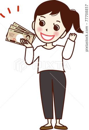 一個以現金為樂的年輕女子。 一個以現金為樂的年輕女子。 77708857