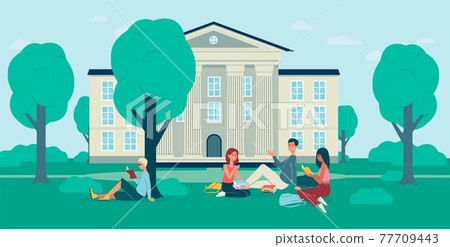 Students with textbooks sitting on grass near building university college campus Students with textbooks sitting on grass near building university college campus 77709443