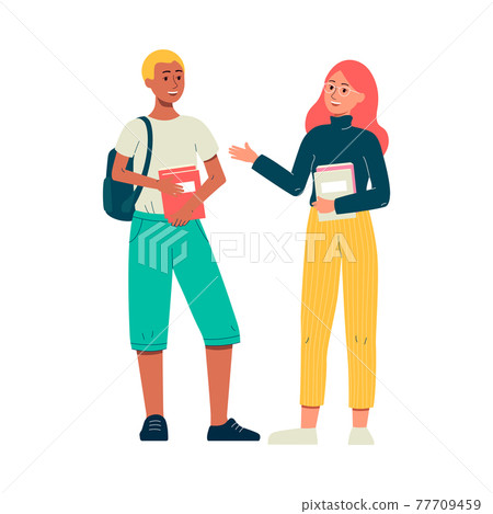 Couple of students standing and chatting, flat vector illustration isolated. Couple of students standing and chatting, flat vector illustration isolated. 77709459