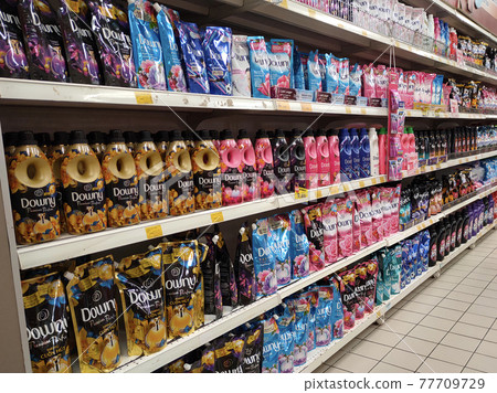 SEREMBAN, MALAYSIA -MARCH 2, 2021: Interior of a hypermarket. Daily necessities and groceries are displayed on sales shelves and price tagged. Sorted by type and brand. 77709729