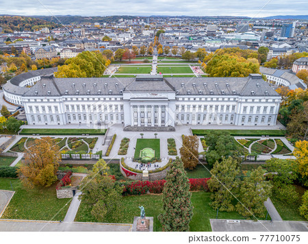 Koblenz City in Rhineland Palantino - Germany - aerial shot of historic German palace Building wit hhuge park Koblenz City in Rhineland Palantino - Germany - aerial shot of historic German palace Building wit hhuge park 77710075