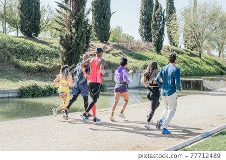 Group of runners training in a park. Rear view, back to camera. 77712489