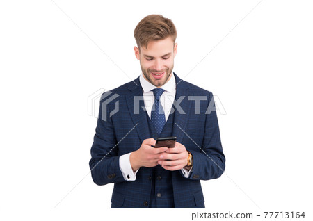 Happy boss in formal fashion suit chat via smartphone isolated on white, chatting 77713164