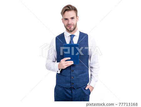 Personal growth. Business coach hold book wearing formal style. Career coach. Private teaching 77713168