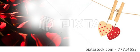 Composition of two hearts on pegs on white background with red petals 77714652