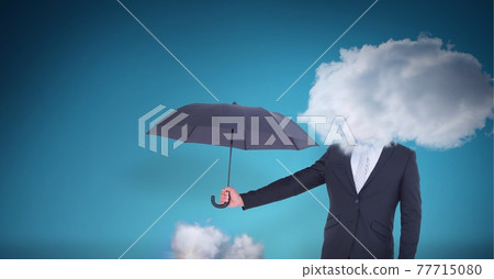 Cloud covering face of businessman holding an umbrella against blue background Cloud covering face of businessman holding an umbrella against blue background 77715080