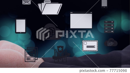 Digital device and media icons over a businessman's hands, technology and corporate concepts Digital device and media icons over a businessman's hands, technology and corporate concepts 77715098