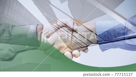 Abstract technology background over two businessmen shaking hands against tall buildings Abstract technology background over two businessmen shaking hands against tall buildings 77715137
