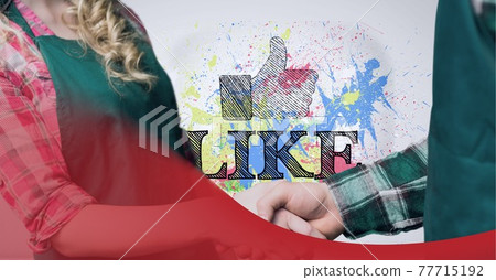 Digital wave over mid section of business people shaking hands against like text and thumbs up icon Digital wave over mid section of business people shaking hands against like text and thumbs up icon 77715192