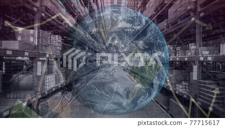 Composition of financial data processing with globe over stacked up shelves in warehouse Composition of financial data processing with globe over stacked up shelves in warehouse 77715617