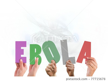 Composition of ebola multi coloured letters held by people with grey smoke Composition of ebola multi coloured letters held by people with grey smoke 77715678