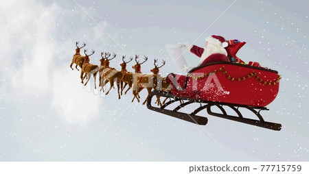Composition of santa claus in sleigh pulled by reindeer over snow falling and clouds background Composition of santa claus in sleigh pulled by reindeer over snow falling and clouds background 77715759