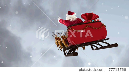 Composition of santa claus in sleigh pulled by reindeer on snowfall and clouds background 77715766