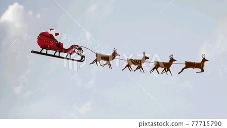 Composition of santa claus in sleigh pulled by reindeer on clouds background Composition of santa claus in sleigh pulled by reindeer on clouds background 77715790