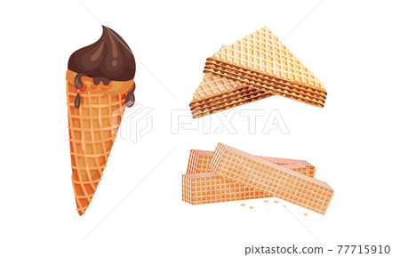 Waffle as Sweet Dish from Leavened Batter or Dough and Ice Cream in Cone Vector Set 77715910