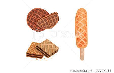 Waffle as Sweet Dish from Leavened Batter or Dough Vector Set Waffle as Sweet Dish from Leavened Batter or Dough Vector Set 77715911