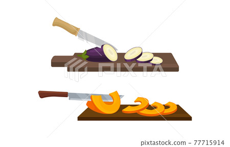 Sharp Knife Chopping Vegetables on Wooden Cutting Board Vector Set Sharp Knife Chopping Vegetables on Wooden Cutting Board Vector Set 77715914
