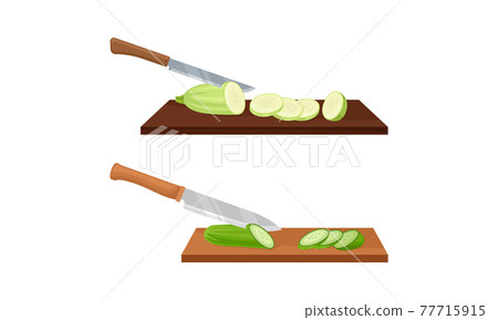Sharp Knife Chopping Vegetables on Wooden Cutting Board Vector Set Sharp Knife Chopping Vegetables on Wooden Cutting Board Vector Set 77715915