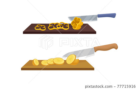 Sharp Knife Chopping Vegetables on Wooden Cutting Board Vector Set Sharp Knife Chopping Vegetables on Wooden Cutting Board Vector Set 77715916