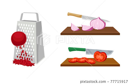 Grating and Chopping Vegetables on Wooden Cutting Board and with Metal Grater Vector Set Grating and Chopping Vegetables on Wooden Cutting Board and with Metal Grater Vector Set 77715917