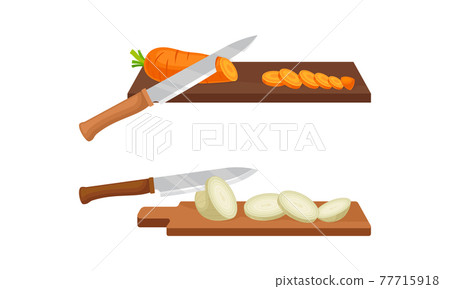 Sharp Knife Chopping Vegetables on Wooden Cutting Board Vector Set Sharp Knife Chopping Vegetables on Wooden Cutting Board Vector Set 77715918
