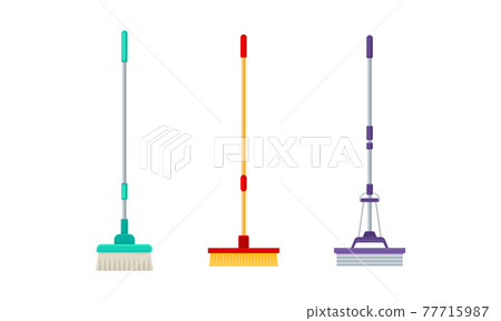 Mop and Broom with Long Pole for Cleaning and Sweeping Floors Vector Set Mop and Broom with Long Pole for Cleaning and Sweeping Floors Vector Set 77715987