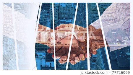 Technology background over mid section of two businessmen shaking hands against cityscape 77716009
