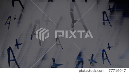 Multiple a plus symbols against financial data processing on grey background 77716047